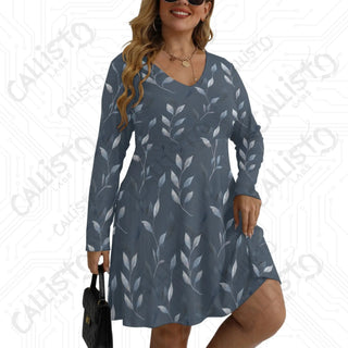 Women’s V-neck Long Sleeve Dress Gray with Elegant Leaf Design - L