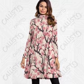 Women’s High Neck Long Sleeve Pink Dress with Cherry Blossom Design