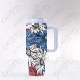 40 oz Stainless Steel Insulated Tumbler Red White and Blue Patriotic Floral with Leak-Proof Lid Straw & Handle