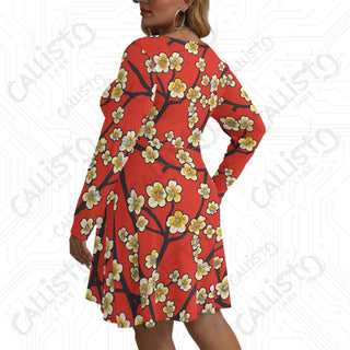 Women’s V-neck Long Sleeve Dress Red with White Cherry Blossom Design