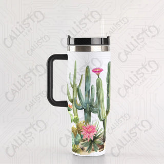 40 oz Stainless Steel Insulated Tumbler Cactus Floral Tumbler with Leak-Proof Lid Straw & Handle