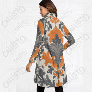 Women’s High Neck Long Sleeve Dress with Orange and Grey Design - S