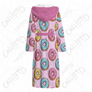 Sweet Treats Hooded Pink Bathrobe | Donut Pattern Flannel Robe Foodies