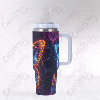 40 oz Stainless Steel Insulated Tumbler Neon Butterfly Design with Leak-Proof Lid Straw & Handle - 40OZ / Black