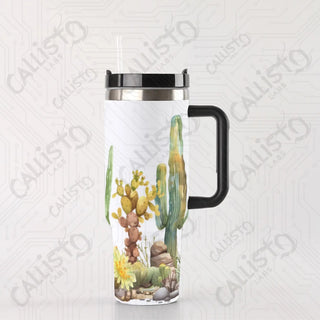 40 oz Stainless Steel Insulated Tumbler Cactus Floral Tumbler with Leak-Proof Lid Straw & Handle - 40OZ / Black