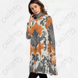 Women’s High Neck Long Sleeve Dress with Orange and Grey Design