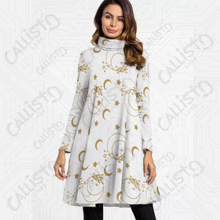 Women’s High Neck Long Sleeve Dress with Crescent Moon and Stars - Boho Design