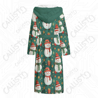 Green Snowmen Print Hooded Bathrobe | Cozy Unisex Flannel Winter Loungewear