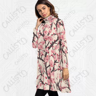 Women’s High Neck Long Sleeve Pink Dress with Cherry Blossom Design