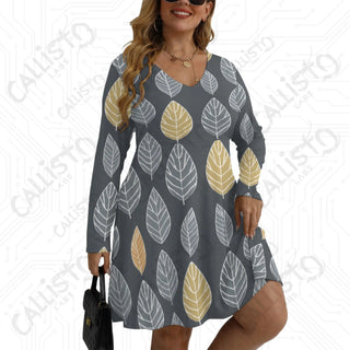 Women’s V-neck Long Sleeve Dress with Multi-color Leaf Design