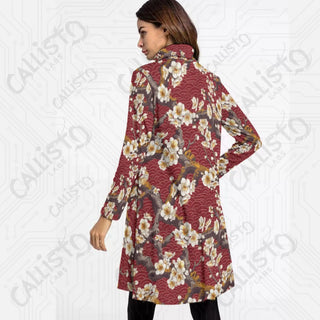 Women’s High Neck Dress With Long Sleeve Red with Cherry Blossom Design