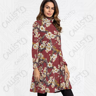 Women’s High Neck Dress With Long Sleeve Red with Cherry Blossom Design - S