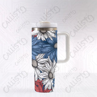 40 oz Stainless Steel Insulated Tumbler Red White and Blue Patriotic Floral with Leak-Proof Lid Straw & Handle