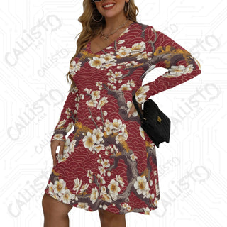 Women’s V-neck Long Sleeve Dress Red with Cherry Blossom Design