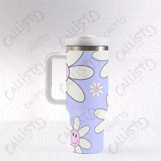 40 oz Stainless Steel Insulated Tumbler Happy Retro Floral Flower Power Tumbler with Leak-Proof Lid Straw & Handle