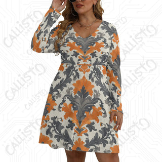 Women’s V-neck Long Sleeve Dress with Gray and Orange Design - L