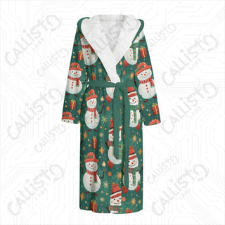 Green Snowmen Print Hooded Bathrobe | Cozy Unisex Flannel Winter Loungewear - S