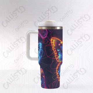 40 oz Stainless Steel Insulated Tumbler Neon Butterfly Design with Leak-Proof Lid Straw & Handle