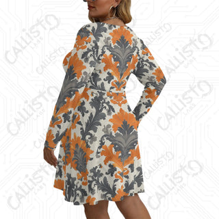 Women’s V-neck Long Sleeve Dress with Gray and Orange Design