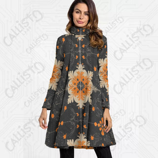 Women’s High Neck Long Sleeve Black Dress with Flattering Orange Design - S