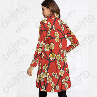 Women’s High Neck Long Sleeve Red Dress with Flattering Cherry Blossom Design - S