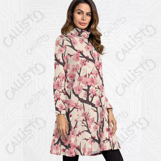 Women’s High Neck Long Sleeve Pink Dress with Cherry Blossom Design