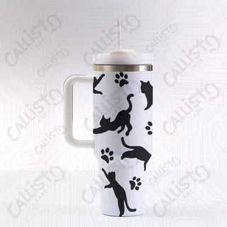 40 oz Stainless Steel Insulated Tumbler Black Cat Silhoutte Tumbler with Leak-Proof Lid Straw & Handle