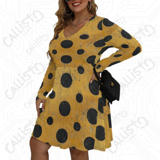 Women’s V-neck Long Sleeve Dress Yellow with Black Polka Dot Design