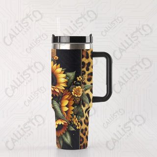 40 oz Stainless Steel Tumbler Black with Sunflowers and Leopard Print Tumbler with Leak-Proof Lid Straw & Handle - 40OZ