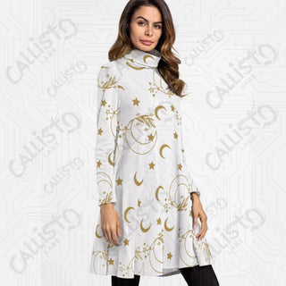 Women’s High Neck Long Sleeve Dress with Crescent Moon and Stars - Boho Design