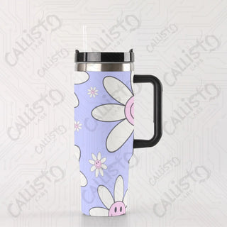 40 oz Stainless Steel Insulated Tumbler Happy Retro Floral Flower Power Tumbler with Leak-Proof Lid Straw & Handle