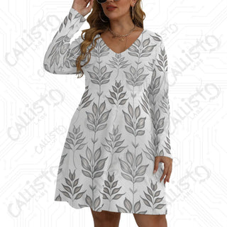 Women’s V-neck Long Sleeve Dress White with Elegant Leaf Design - L