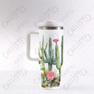 40 oz Stainless Steel Insulated Tumbler Cactus Floral Tumbler with Leak-Proof Lid Straw & Handle - 40OZ / White