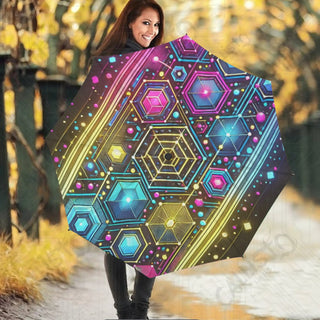 Vivid & Colorful Cyberpunk Geometric Print Umbrella – Bold Eye-Catching Rain Protection Futuristic Edge - Size