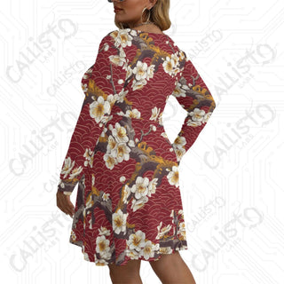 Women’s V-neck Long Sleeve Dress Red with Cherry Blossom Design