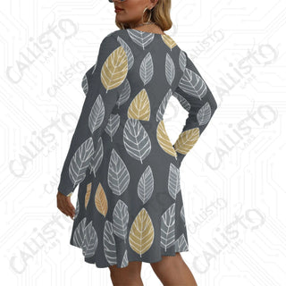 Women’s V-neck Long Sleeve Dress with Multi-color Leaf Design - L