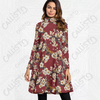 Women’s High Neck Dress With Long Sleeve Red with Cherry Blossom Design