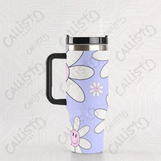 40 oz Stainless Steel Insulated Tumbler Happy Retro Floral Flower Power Tumbler with Leak-Proof Lid Straw & Handle