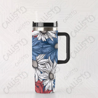 40 oz Stainless Steel Insulated Tumbler Red White and Blue Patriotic Floral with Leak-Proof Lid Straw & Handle - 40OZ