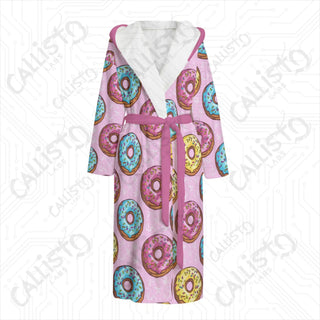 Sweet Treats Hooded Pink Bathrobe | Donut Pattern Flannel Robe Foodies - S