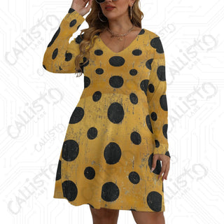 Women’s V-neck Long Sleeve Dress Yellow with Black Polka Dot Design