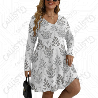 Women’s V-neck Long Sleeve Dress White with Elegant Leaf Design