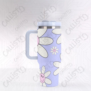 40 oz Stainless Steel Insulated Tumbler Happy Retro Floral Flower Power Tumbler with Leak-Proof Lid Straw & Handle