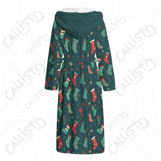 Green Christmas Stockings Hooded Bathrobe | Festive Unisex Flannel Loungewear