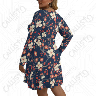 Women’s V-neck Long Sleeve Dress Navy with Cherry Blossom Design