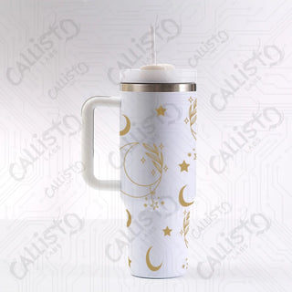 40 oz Stainless Steel Insulated Tumbler Moon and Stars Tumbler with Leak-Proof Lid Straw & Handle - 40OZ / White