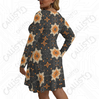 Women’s V-neck Long Sleeve Dress Black with Orange Geometric Snowflake Design