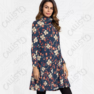 Women’s High Neck Dress With Long Sleeve Navy Dress with Cherry Blossom Design - S