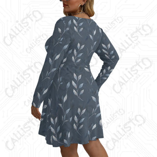 Women’s V-neck Long Sleeve Dress Gray with Elegant Leaf Design