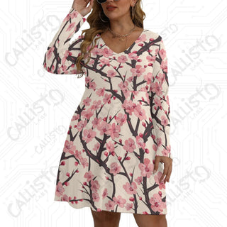 Women’s V-neck Long Sleeve Dress Pink with Pink Cherry Blossom Design